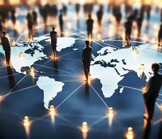 Professionals standing on a glowing world map connected by a global network