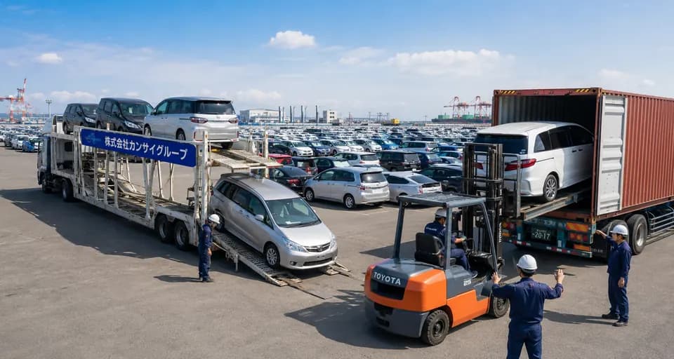 Kansai Group yard with car carrier and container loading at a Japanese port